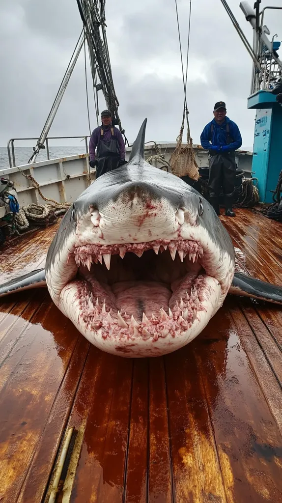 A large great white shark lies on the deck of a fishing boat. The shark's mouth is open, revealing rows of sharp teeth. Two men stand on the deck behind the shark, looking down at it. The deck is made of wood and is wet from the ocean. The shark is a large, powerful creature, and its presence on the boat is both awe-inspiring and slightly unsettling.