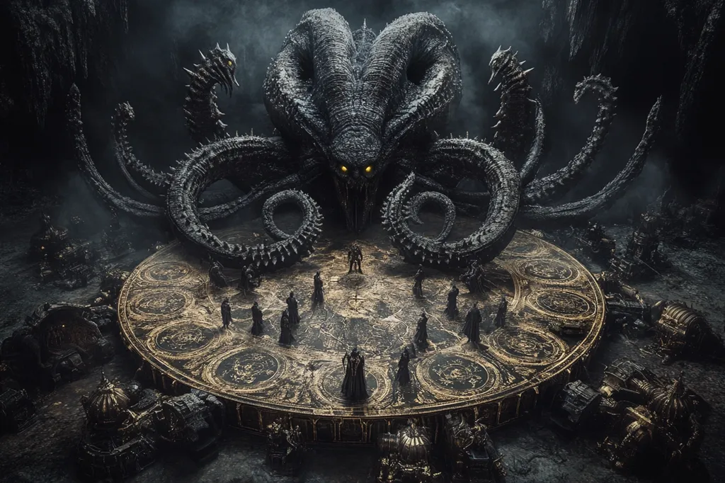 A monstrous, multi-headed kraken, with glowing yellow eyes, dominates the center of a dark, cavernous space. It towers over a circular, golden platform where figures in dark robes stand in a circle, looking up in awe or fear. The scene is ominous and mysterious, with intricate details surrounding the platform, suggesting a place of power and ritual.