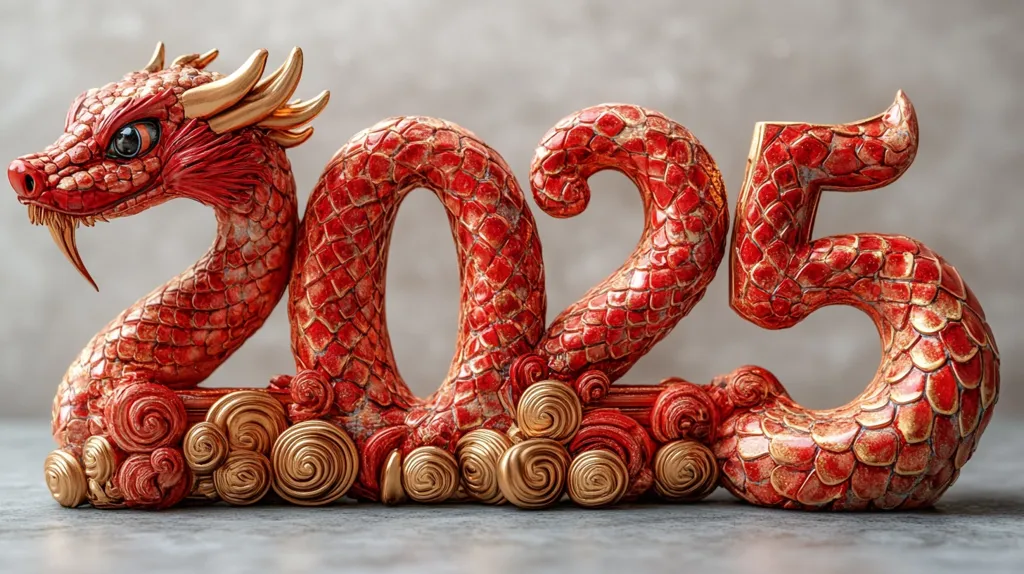 A red dragon-shaped sculpture forms the numbers 2025, with golden scales and accents. It is set on a base of gold swirls that represent clouds. The dragon's head is facing left, and its eyes are bright and alert. The sculpture has a shiny, almost metallic finish. The background is a simple, muted gray.