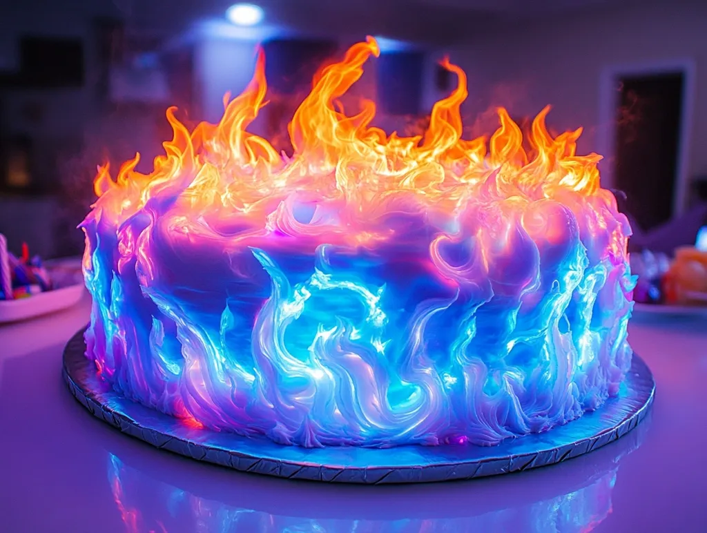 A white cake is decorated to look like it is on fire, with blue and pink frosting creating the flames.  The flames have a surreal glow as if they are lit from within.  The cake sits on a silver platter, with a blurred background of a room.