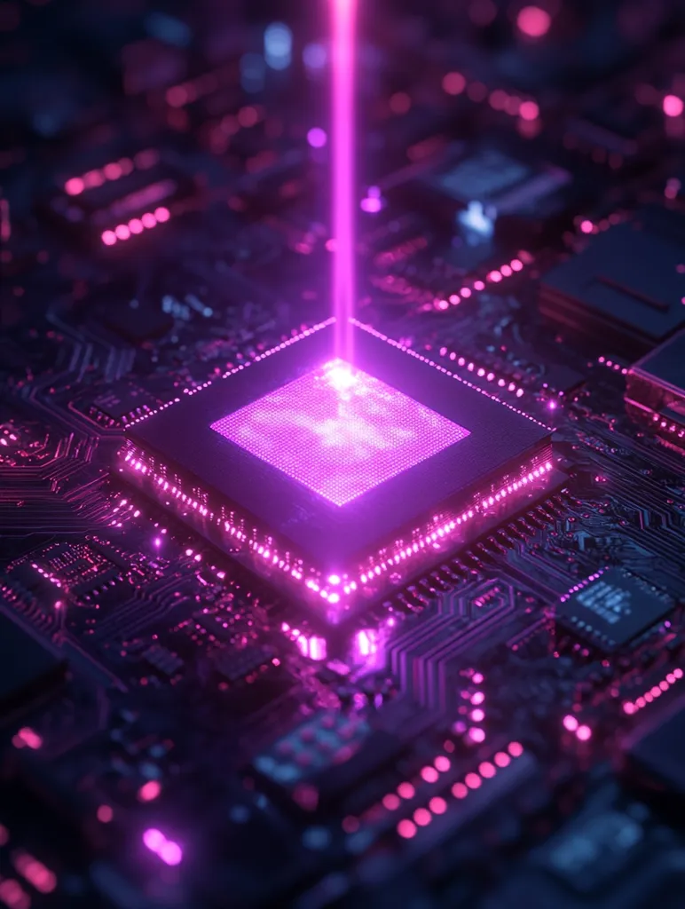 A close-up shot of a computer motherboard with a pink laser beam shining on a square chip. The board is covered in intricate circuitry and glowing lights. The image evokes a sense of technological advancement and innovation. The pink laser beam emphasizes the chip as a critical component of the motherboard. The glowing lights create a futuristic aesthetic.