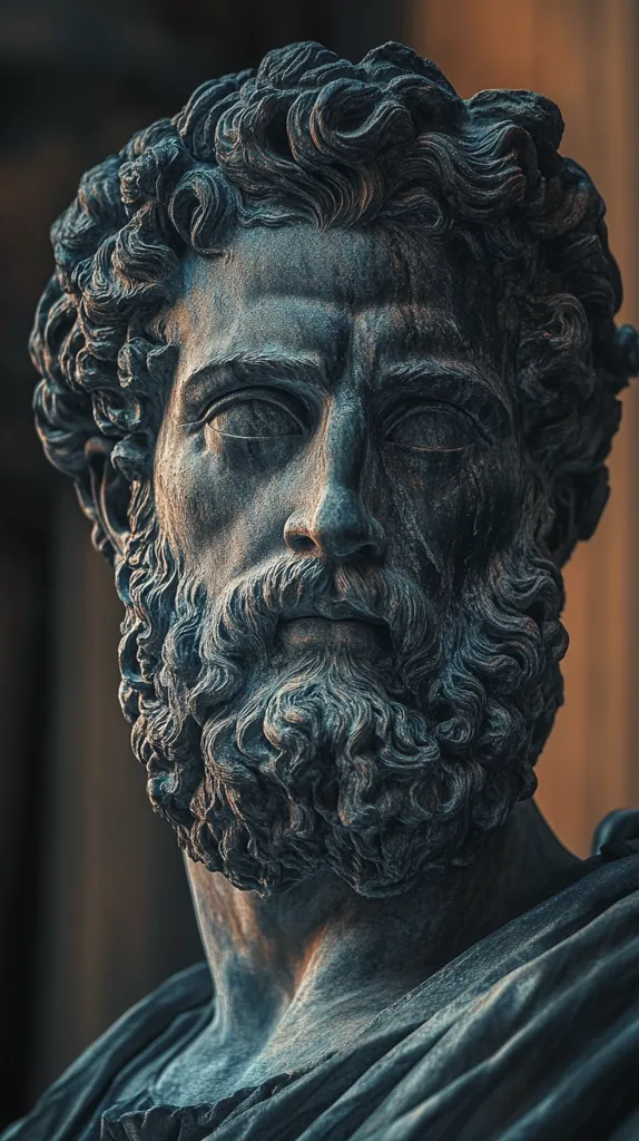 The image shows a close-up of a weathered stone sculpture of a man's head and shoulders. The sculpture is detailed with intricate carvings, capturing the man's thick beard, short curly hair, and serious expression. The stone is a dark gray color, and the lighting casts shadows across the sculpture's face.  The image evokes a sense of antiquity and historical significance.