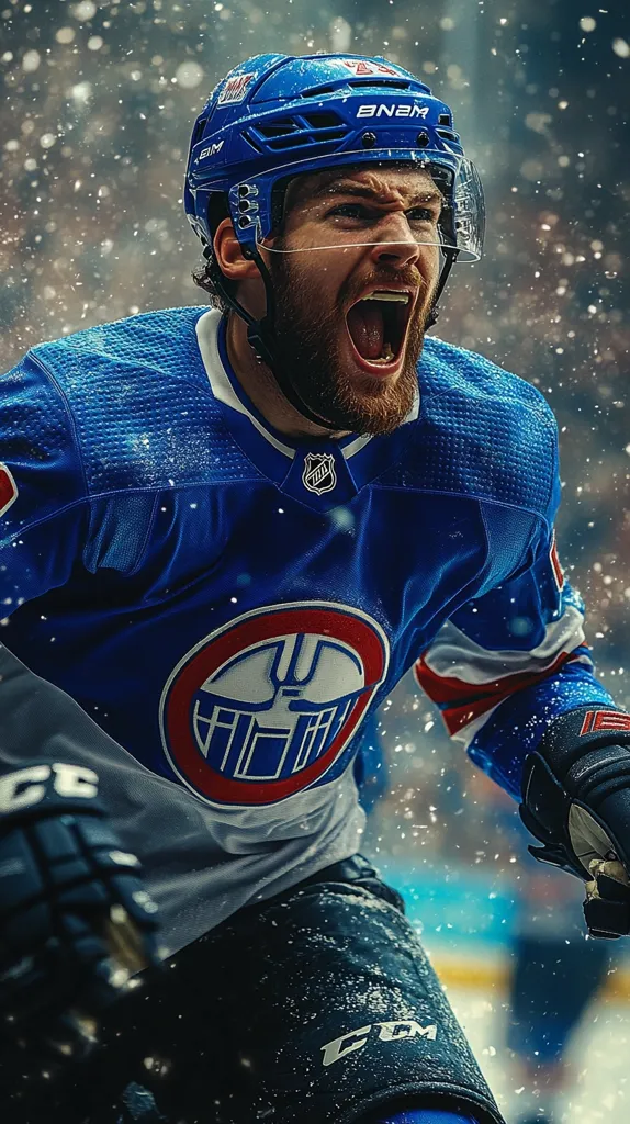 A hockey player in a blue and white jersey with a red, white, and blue circular logo is shown in a close-up portrait.  The player's face is visible beneath his blue helmet and the player is in the midst of a passionate celebration.  Snow is falling and the player is wearing dark black gloves.  The image is taken from a low angle, putting the player in a dominant position.
