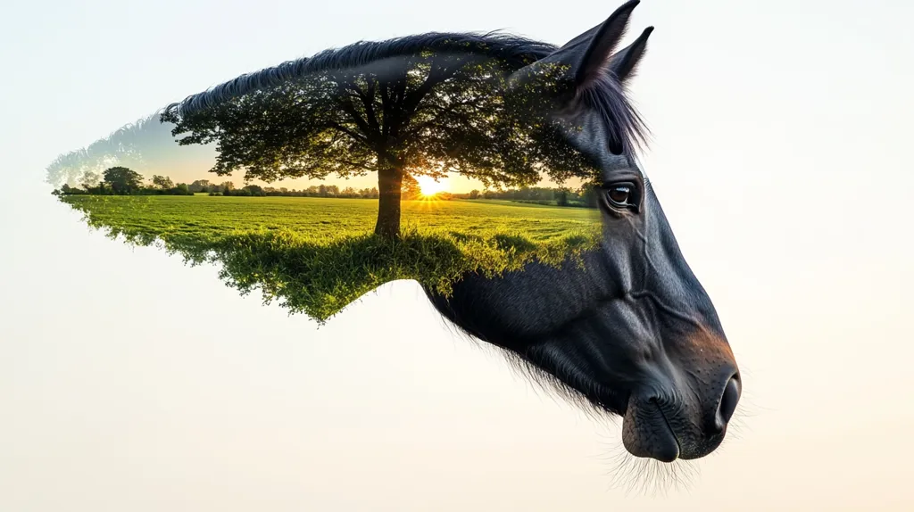 The image is a double exposure of a black horse's head and a landscape. The horse's head is in the foreground and the landscape is superimposed over it. The landscape consists of a field with a tree in the middle and a sunset in the background. The image is a creative and abstract way to represent the beauty of nature and animals.