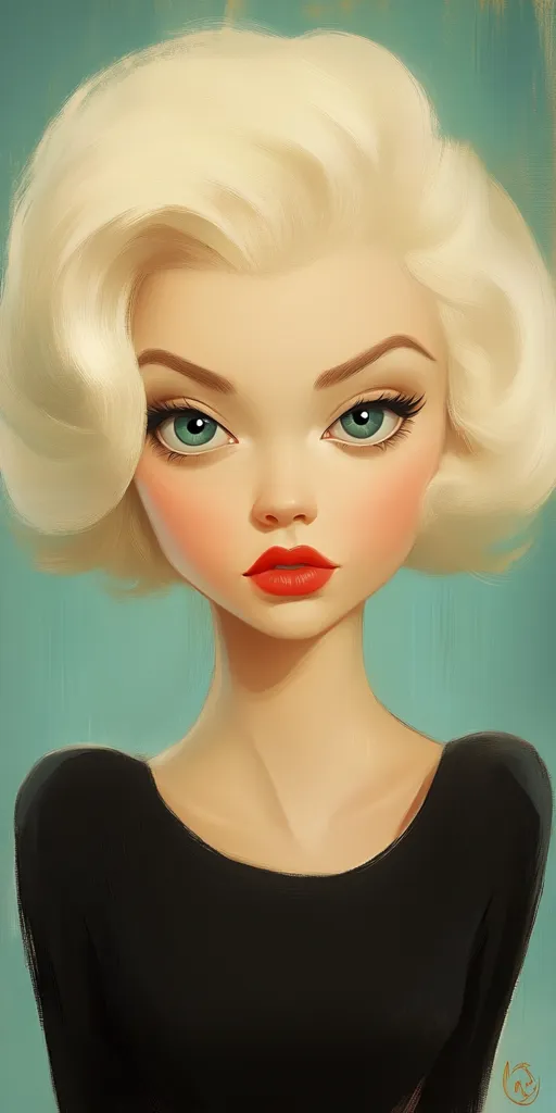 A cartoon woman with short, blonde hair, wearing a black turtleneck sweater. She has large, bright green eyes and is wearing red lipstick. Her expression is serious and her gaze is directed slightly downward. The background is a pale, blue-green color.
