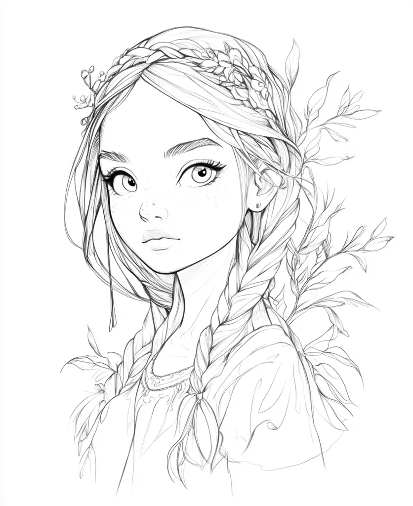 The image is a line drawing of a young girl with long, braided hair. She is wearing a flower crown and has a delicate, ethereal look. The girl's face is turned slightly to the side, and her eyes are large and expressive. The drawing is detailed, with intricate lines capturing the texture of her hair and the delicate features of her face. The background is plain, allowing the girl to be the focus of the image. The image conveys a sense of innocence and beauty.