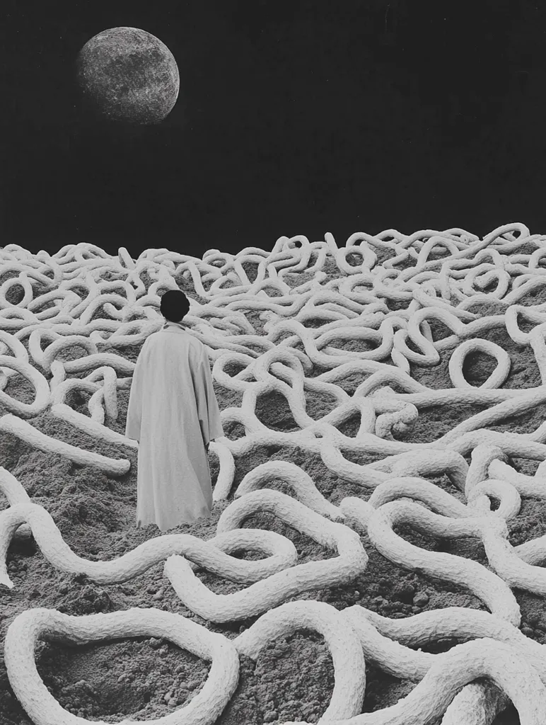 A solitary figure in a long robe stands on a landscape of winding, white, rope-like structures. The background is a black sky with a large, full moon. The image is a stark, black and white photograph, creating a surreal and unsettling atmosphere.  The figure seems small and insignificant against the vast and twisting landscape.