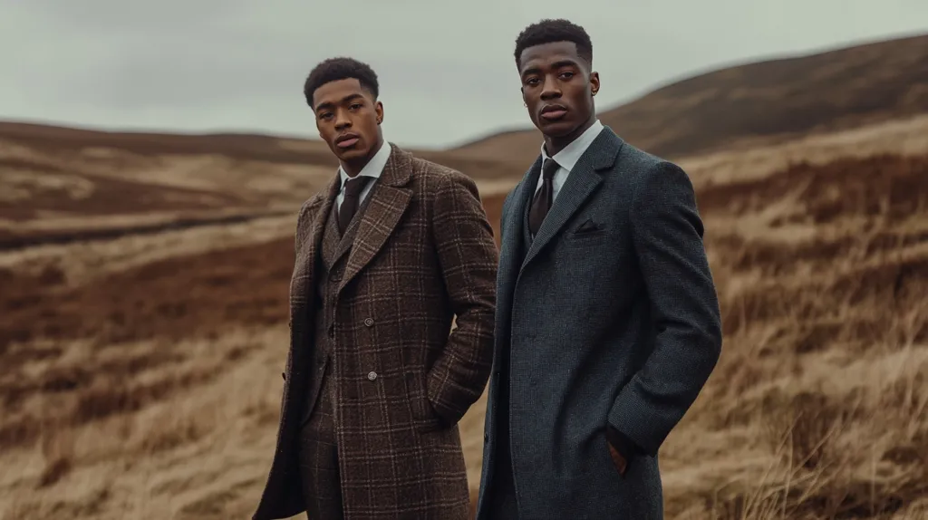 Two stylishly dressed young men stand in a field of dry grass.  The man on the left wears a brown plaid coat and the man on the right wears a dark blue coat. Both men are wearing ties and have a serious expression on their faces. The backdrop is a hillside with a cloudy sky.  The image has a classic and sophisticated aesthetic.