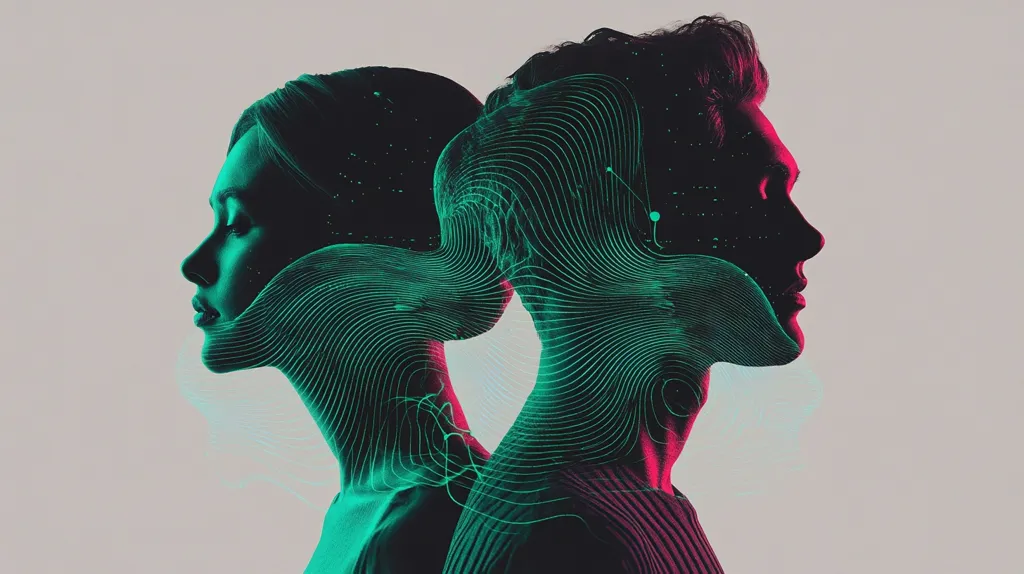 The image depicts a man and woman in profile, their faces partially obscured by a digital, abstract pattern of swirling lines. The lines are a vibrant turquoise green and pink, creating a visually captivating contrast against the muted gray background. The subjects' profiles are positioned closely together, suggesting a connection or intimacy, while the abstract pattern adds an air of mystery and digital artistry. The image is likely a representation of modern love and its intricacies in the digital age.