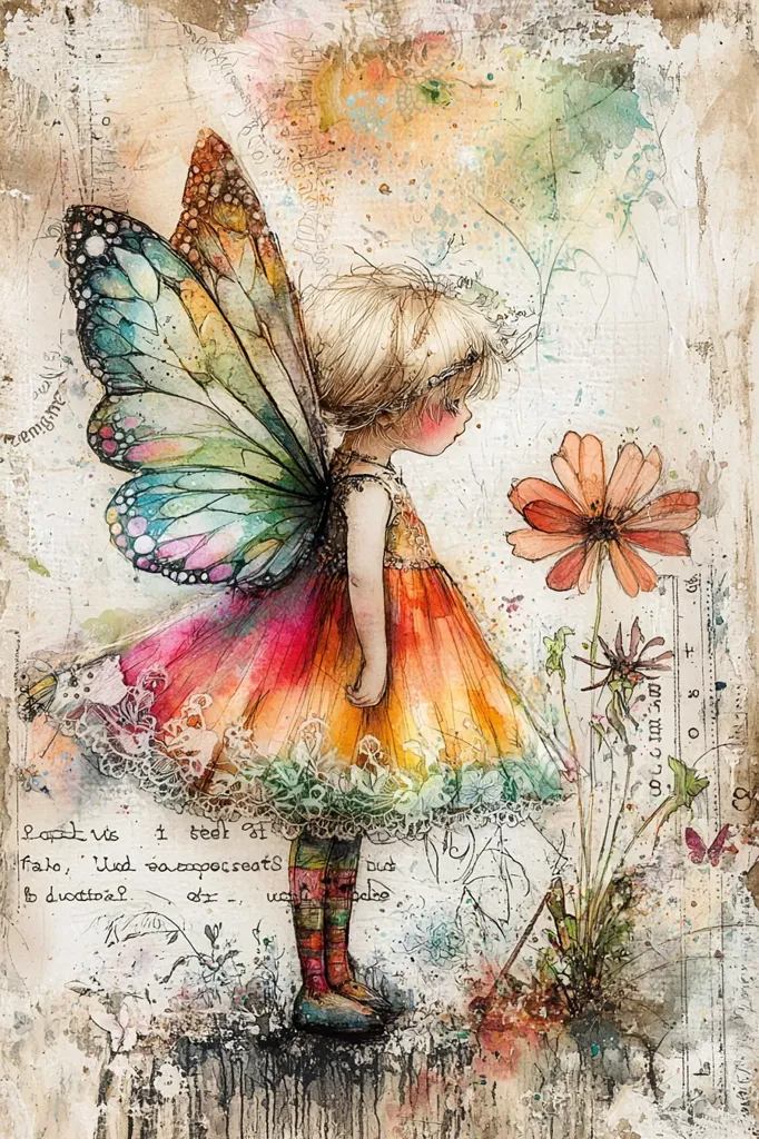 The image features a watercolor painting of a young girl with butterfly wings. She is dressed in a colorful dress and has a delicate, whimsical appearance. She is gazing at an orange flower, surrounded by other flowers and green foliage. The background is a textured, abstract pattern, adding to the dreamlike quality of the painting.  The overall effect is one of innocence, magic, and wonder.