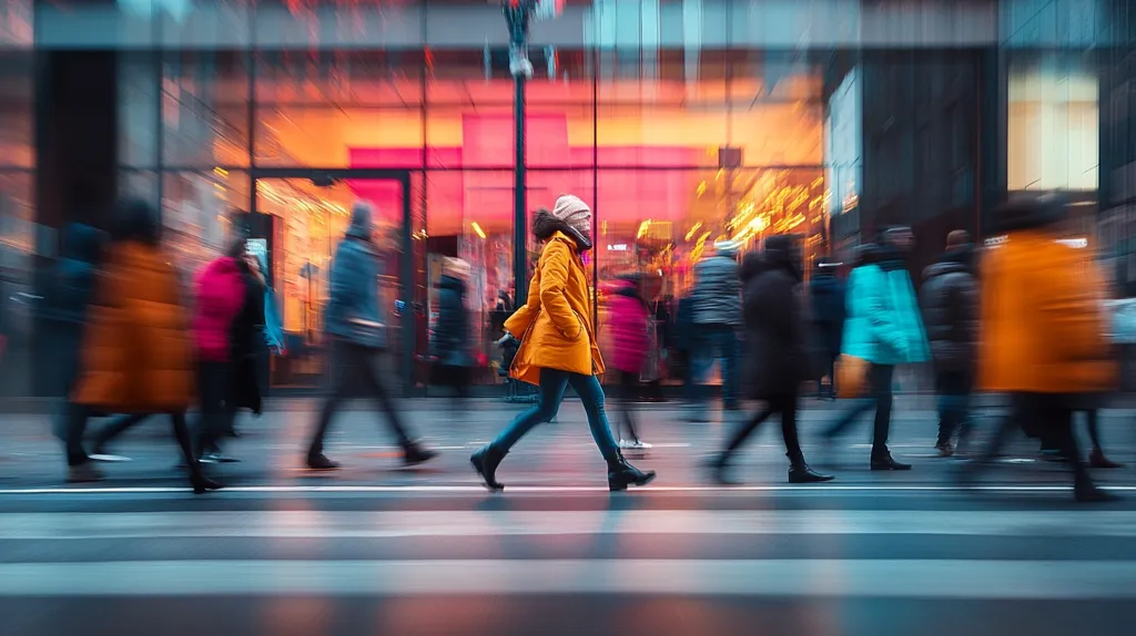 A woman in a yellow coat walks in the middle of a city street. She stands out from the blurry figures of the crowd moving around her.  The brightly lit storefront windows in the background reflect the street's hustle and bustle.  The overall impression is one of energy and movement.