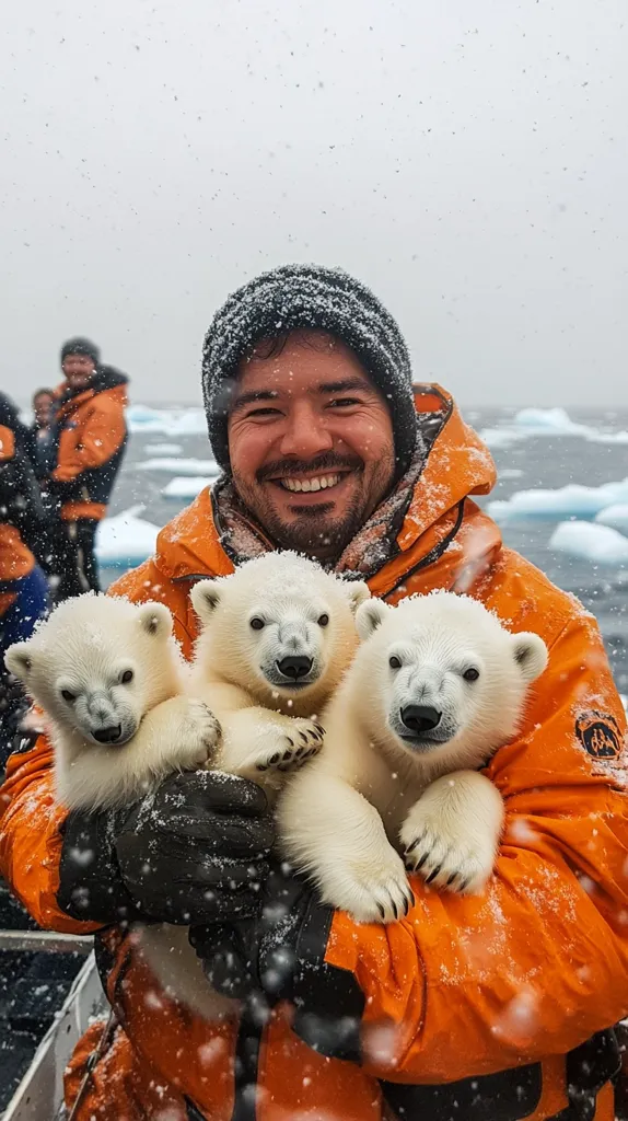 A man in an orange coat and black beanie is holding three polar bear cubs. The man is smiling and the cubs are looking at the camera. The background is snowy and blurry. The man is surrounded by snow and is likely in a cold climate. It appears he is enjoying his time with the cubs.