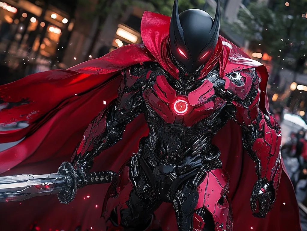 A robotic figure stands in the middle of an urban setting, cloaked in a flowing red cape. Its body is a blend of black and red, with a menacing helmet adorned with glowing red eyes. The figure wields a sharp, silver sword, ready for battle. The background is blurred, suggesting a sense of movement and danger. The overall image is one of power and intimidation, a futuristic warrior ready to strike.