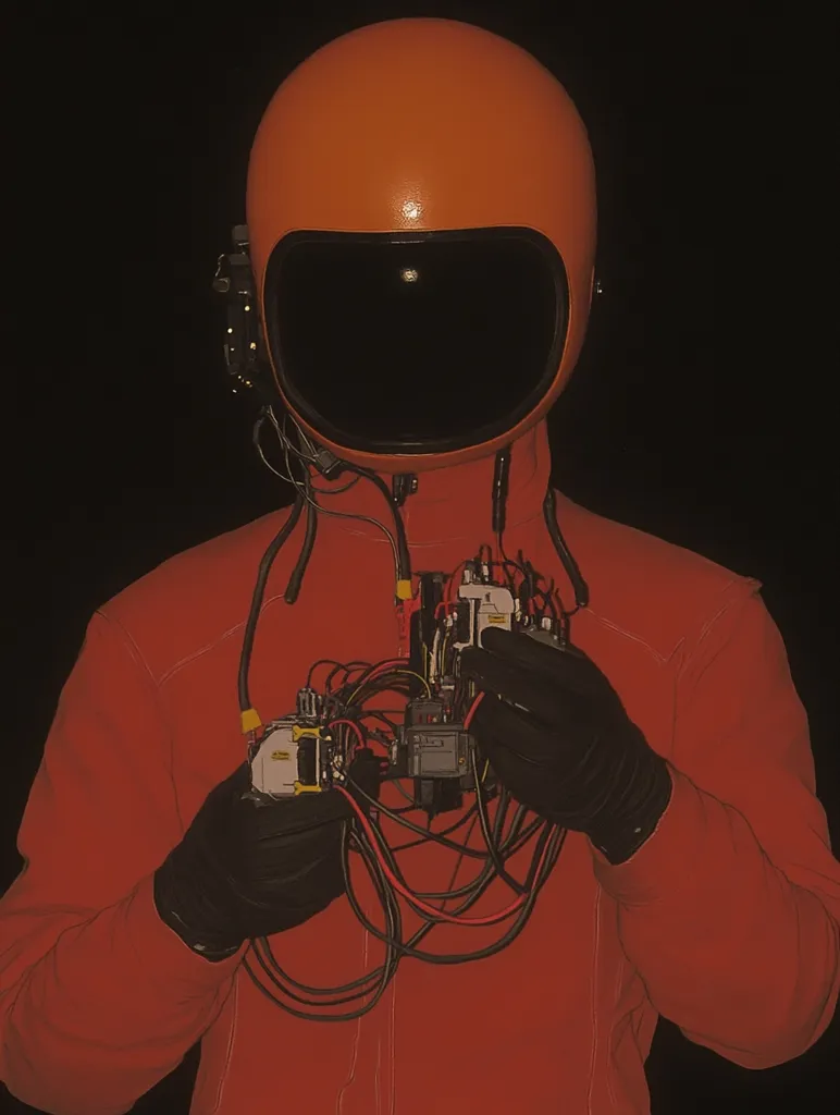 A person wearing an orange jumpsuit and helmet is holding a complex tangle of wires and electronic components. Their face is obscured by the helmet's visor, which reflects the dark surroundings. The wires and components are connected to the helmet and suit, suggesting a futuristic or technological setting. The image evokes a sense of mystery and intrigue, leaving the viewer to wonder about the person's purpose and the nature of their technology.