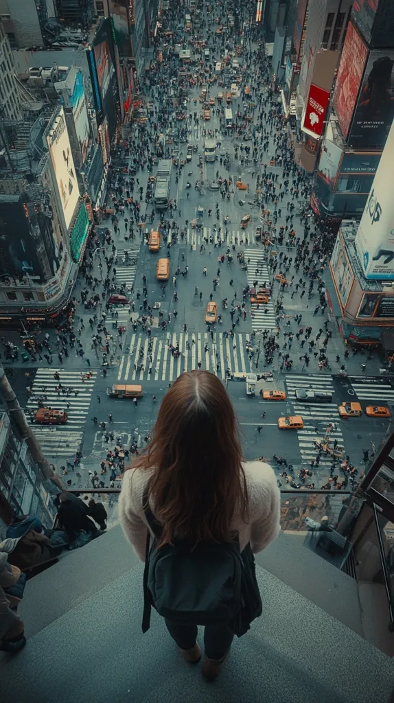 A woman with long brown hair stands on a balcony, looking down at a crowded city street. The scene is taken from a high vantage point, giving a bird's-eye view of the bustling city. Cars and people move through the streets, creating a chaotic yet mesmerizing pattern. The woman's presence provides a sense of isolation and contemplation amidst the city's frenzy.  The image captures the dynamic contrast between the individual and the urban landscape.