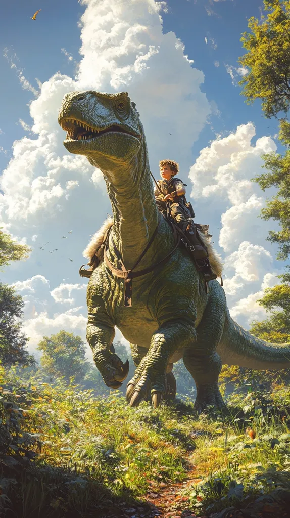 A young boy, dressed in brown, rides a large, green dinosaur through a lush forest. The dinosaur has a saddle and bridle. The sky is a vibrant blue with fluffy white clouds. Sunlight filters through the trees, illuminating the scene. The dinosaur is walking through the forest with its long tail trailing behind it. The boy has a relaxed expression on his face, as if this is a normal occurrence.