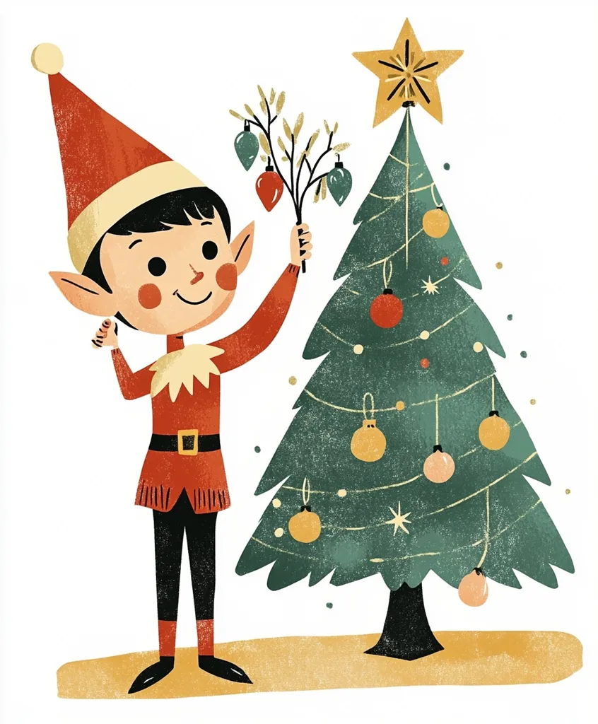 An elf in a red suit and pointed hat stands in front of a decorated Christmas tree. The elf holds a branch with ornaments and is smiling. The tree has a yellow star on top and is adorned with red, yellow, and green ornaments. The scene is set against a white background.  The image has a vintage, retro aesthetic.