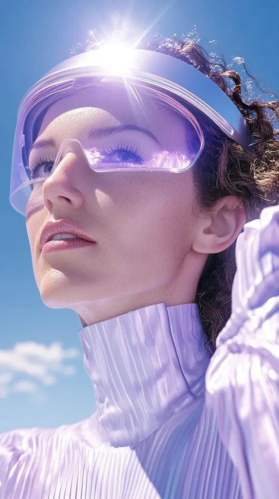 A woman with curly brown hair wears a futuristic visor and a silky purple turtleneck shirt. The visor reflects the bright sunlight, casting a soft purple glow on her face. She gazes upwards, with a serene expression.  The background is a hazy, blue sky.