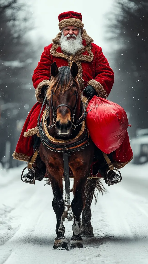 A jolly Santa Claus, wearing a red suit and a white beard, rides a brown horse through a snowy path. The horse is adorned with leather harness and a red bag filled with gifts hangs from the saddle. The snowy landscape and the festive attire create a magical Christmas scene.