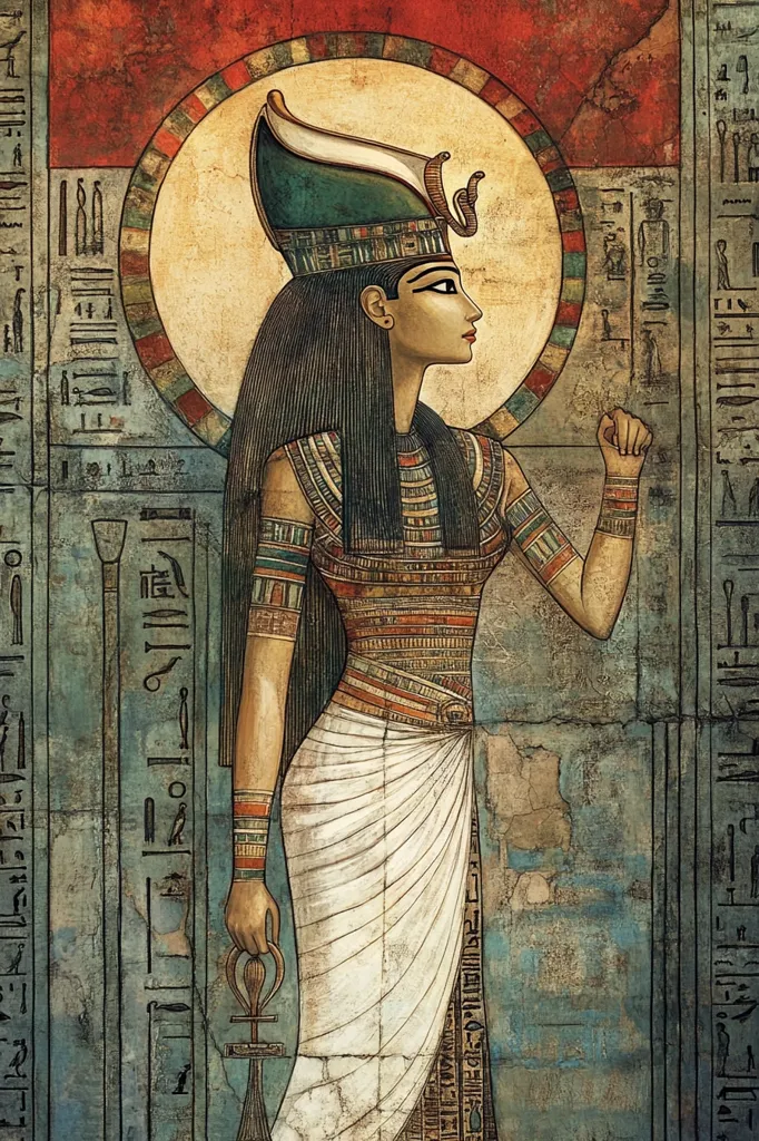 The image is a depiction of an Egyptian queen or goddess, standing in profile against a background of ancient hieroglyphics. She wears a distinctive, tall, intricately decorated headdress and ornate jewelry. Her long black hair cascades down her back. Her expression is serene and slightly aloof, suggesting her power and authority. The artwork is detailed and realistic, evoking the grandeur and mystery of ancient Egypt. The muted color palette contributes to a sense of age and history.