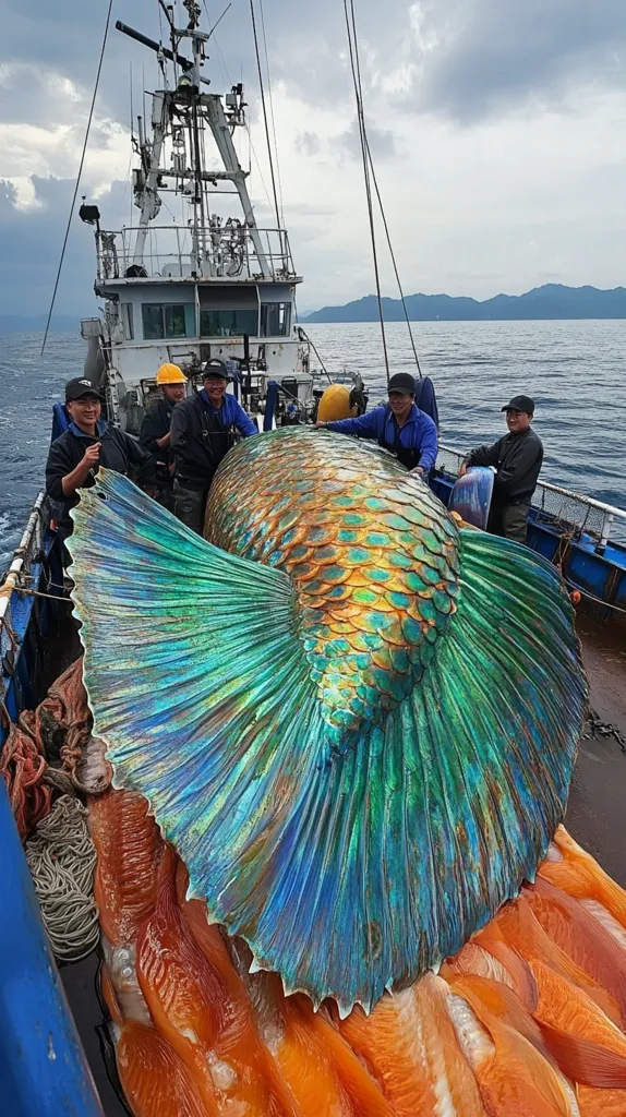 A large, iridescent fish tail lies on the deck of a fishing boat. Four men stand around the tail, looking at it with curiosity and amazement. The tail is a vibrant blue, green, and yellow, with intricate scales. The boat is surrounded by a vast expanse of blue ocean.