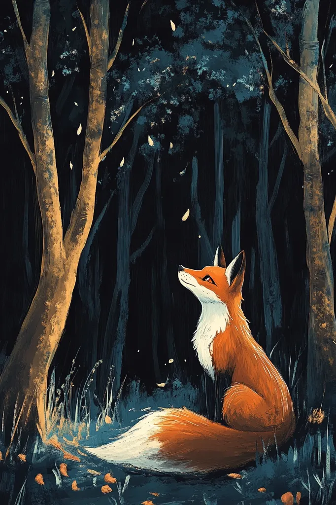 The image shows a red fox sitting in the middle of a dark forest. The fox is looking upwards at something off-screen. Its fluffy tail is curled around its body. The forest is filled with tall trees and a few fallen leaves on the ground. The painting is done in a painterly style with a soft focus. The background is a dark blue color, creating a sense of mystery and intrigue. The fox is the central point of the painting, and it stands out against the dark background.