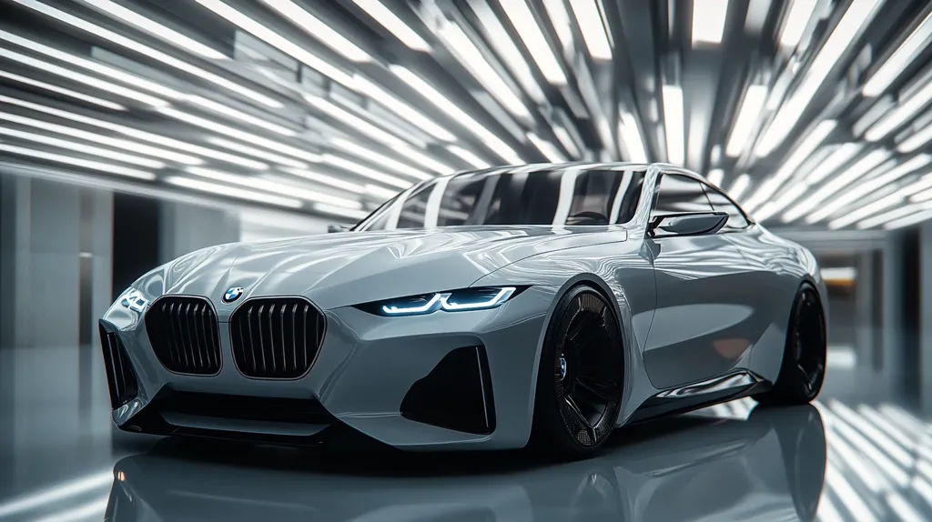 A sleek, white BMW coupe stands on a polished floor in a futuristic, brightly lit garage. The car's sharp lines and large, black wheels create a striking contrast to the white bodywork. The car is angled towards the viewer, highlighting its futuristic design and the prominent BMW badge on the front grille. The light reflects off the car's smooth surfaces, creating a sense of dynamism and luxury.
