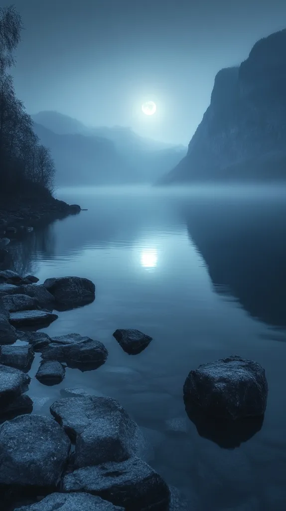 A serene, moonlit scene unfolds, showcasing a tranquil lake nestled between misty mountains. The water reflects the moon's glow, creating a luminous path that extends towards the distant peaks. Large rocks dot the shoreline, adding a sense of solitude and tranquility to the scene. The absence of human presence creates a sense of untouched nature and peaceful serenity.
