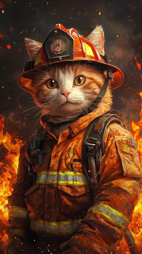 A cat dressed as a firefighter, wearing a red helmet and a bright orange fire-resistant suit, stands in front of a wall of fire.  The cat has a serious expression on its face, conveying bravery and dedication to duty. The image is set against a dark background with glowing sparks and embers, creating a sense of danger and excitement.  The cat's appearance is a humorous and endearing take on a serious profession.  The artwork is a playful and lighthearted reminder of the bravery and commitment of firefighters.
