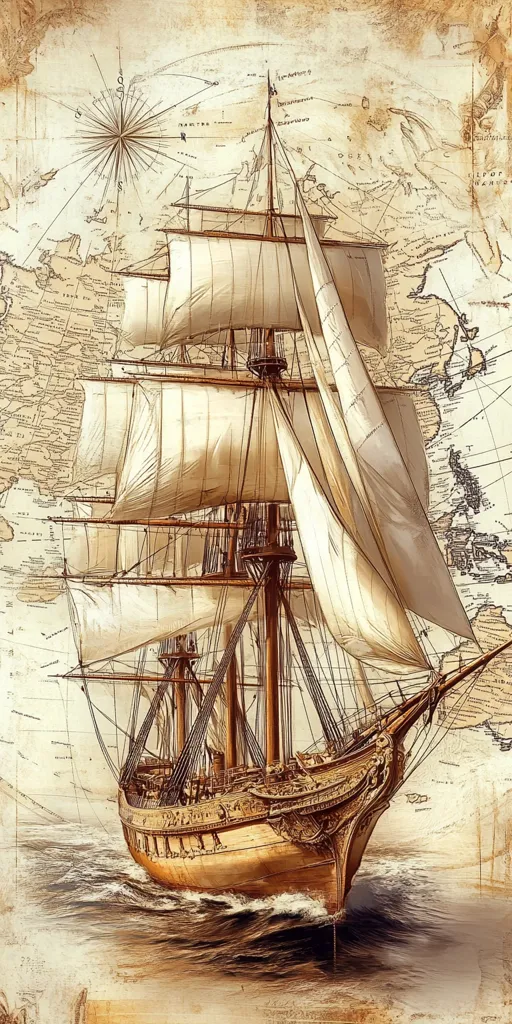 A vintage illustration depicting a tall ship sailing across a vast, detailed ocean map. The ship is beautifully drawn, its sails billowing in the wind. The map is rendered in an antique style, with intricate lines and lettering. The overall effect is one of adventure and exploration.
