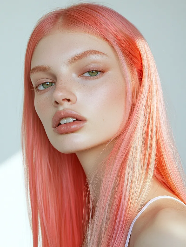A young woman with long, straight, peach-colored hair is looking directly at the viewer. She has soft, natural makeup and is wearing a white tank top. The image is soft-focus and has a dreamy, ethereal quality. The background is a soft white.