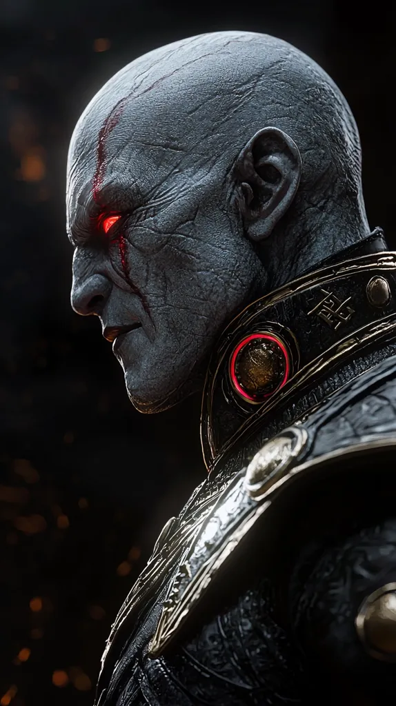 The image shows a close-up of a man's face, with a dark and menacing expression. He has a bald head, with a red scar across his forehead, and one glowing red eye. He is wearing a black and gold armor, with a detailed design. The background is dark and blurred, suggesting a powerful and imposing figure.  The overall tone is dark and ominous.