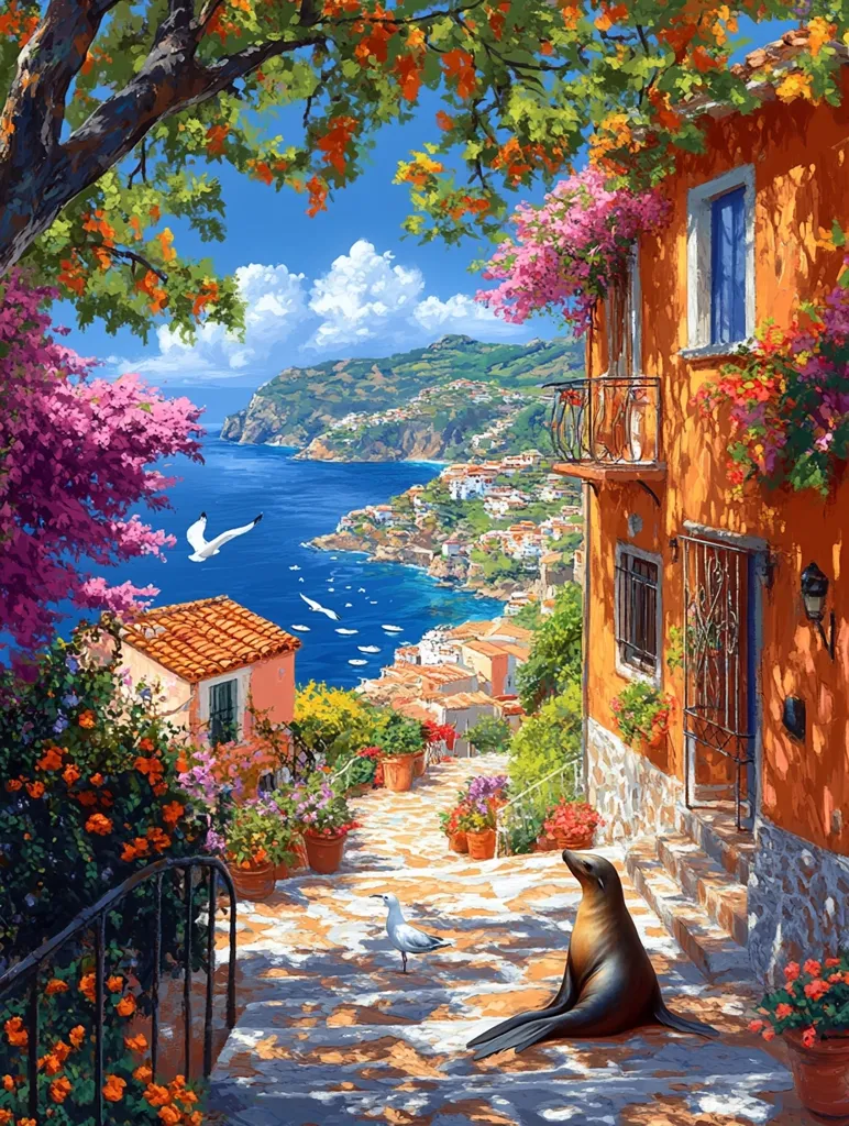 A charming, colorful Italian street scene. An orange house with a balcony overlooks a cobblestone pathway lined with vibrant flowers and greenery. In the distance, the sparkling blue sea and a picturesque coastline add to the idyllic view. A sea lion and a seagull share the scene, creating a whimsical contrast. The sunny day adds to the overall warmth and beauty of the setting.