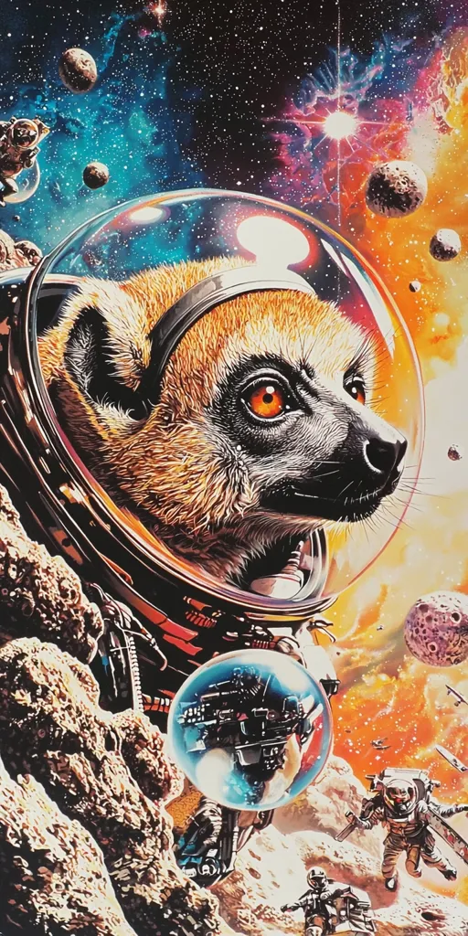 A lemur wearing an astronaut helmet is the focus of this colorful and detailed image. The lemur looks out at a bright, swirling nebula with stars and planets surrounding it. The lemur is perched on a rocky surface, with a spacesuit and a spaceship floating near it. The image is vibrant and playful, representing the wonder of space exploration.
