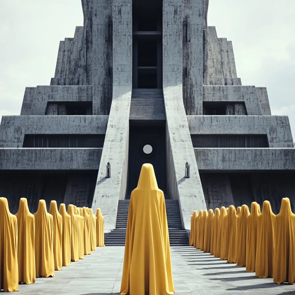 A large, grey, pyramid-shaped building with a single entrance is the focal point of the image. Two lines of figures, completely shrouded in yellow cloaks, face each other. They are converging towards the entrance.  The scene creates an air of mystery and a sense of impending ritual.