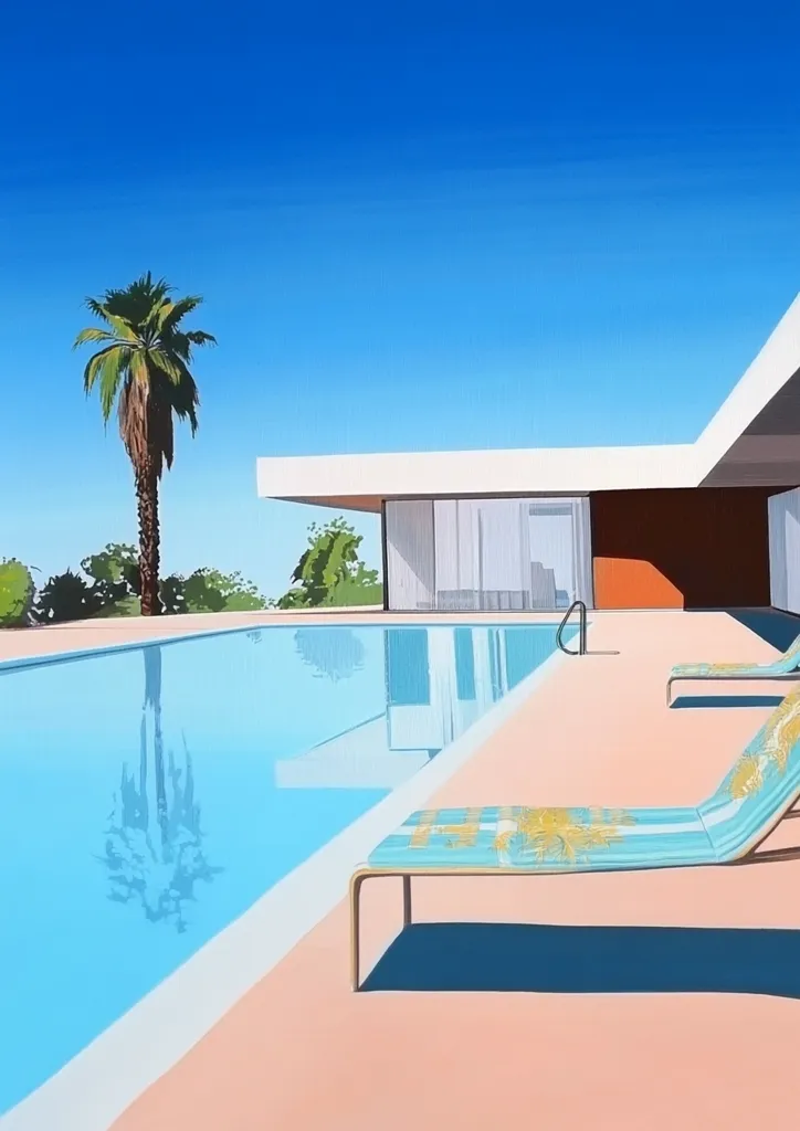 The image depicts a modern, minimalist poolside scene. A large, rectangular pool with clear, blue water stretches towards a white, modern house. Two lounge chairs sit on the pink patio, inviting relaxation. A lone palm tree stands tall on the left, its reflection visible in the pool. The clear, blue sky suggests a sunny, tranquil day. The overall aesthetic is clean, serene, and evocative of a luxurious retreat.