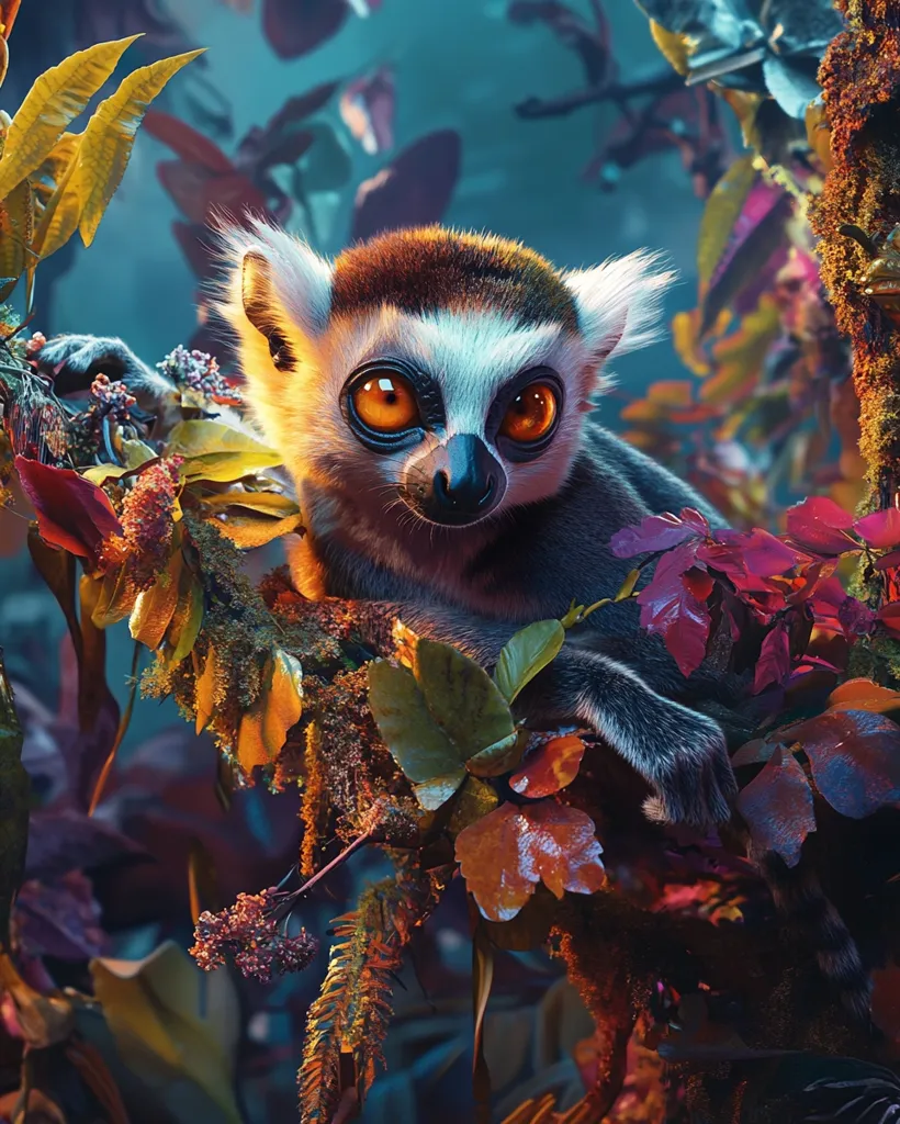 A lemur with large orange eyes rests on a branch. Its fur is soft and fluffy, and its tail is long and bushy. The lemur is surrounded by lush foliage, with leaves of all colors and shapes. The background is a blur of green and blue, creating a sense of depth and mystery. The image is a beautiful and captivating portrait of a lemur in its natural habitat.