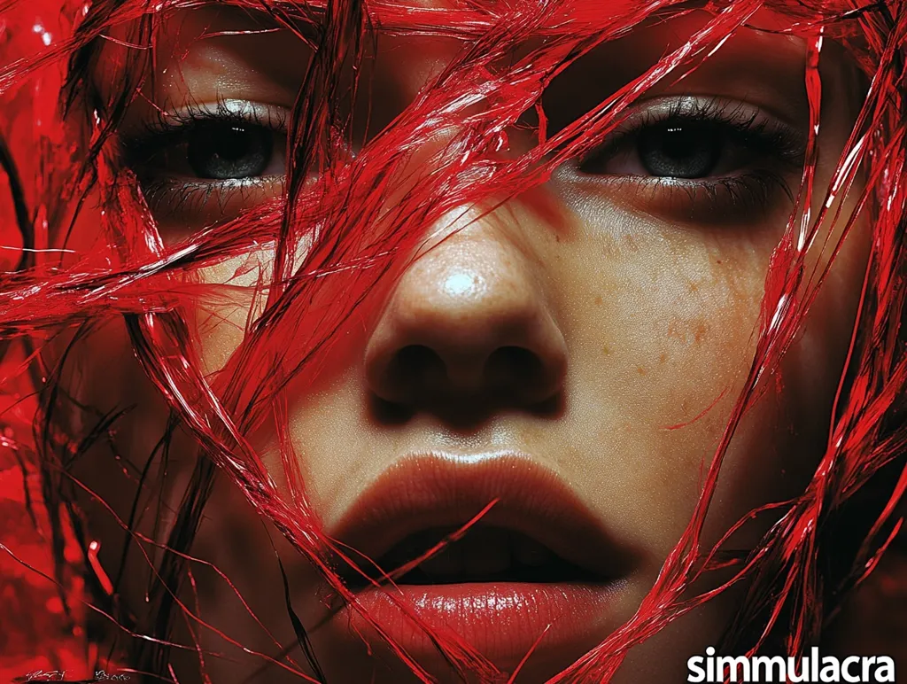 A close-up shot of a woman's face, partially obscured by red, stringy material. Her eyes are closed, and her lips are slightly parted. The red material creates a sense of mystery and intrigue. The image is shot with a shallow depth of field, focusing on the woman's face. The lighting is soft and diffused, creating a moody and atmospheric effect. The overall impression is one of sensuality and vulnerability.
