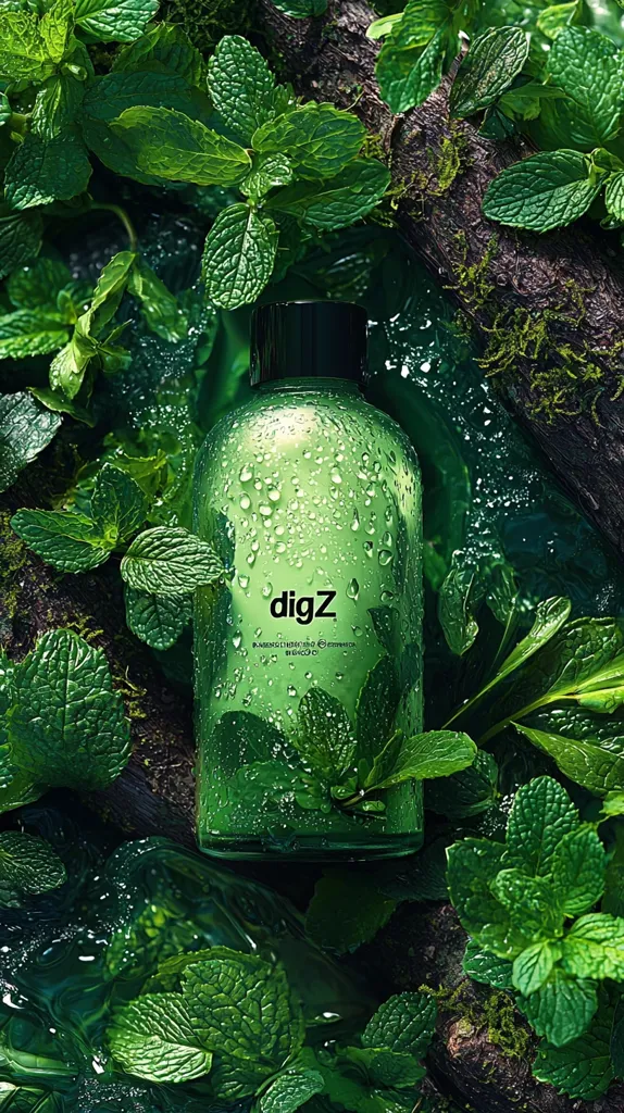 A bottle of "digZ" body wash sits nestled amongst lush green mint leaves. The bottle is covered in condensation, mimicking the dew drops on the leaves. The background is a dark, mossy forest, suggesting a natural and refreshing product.