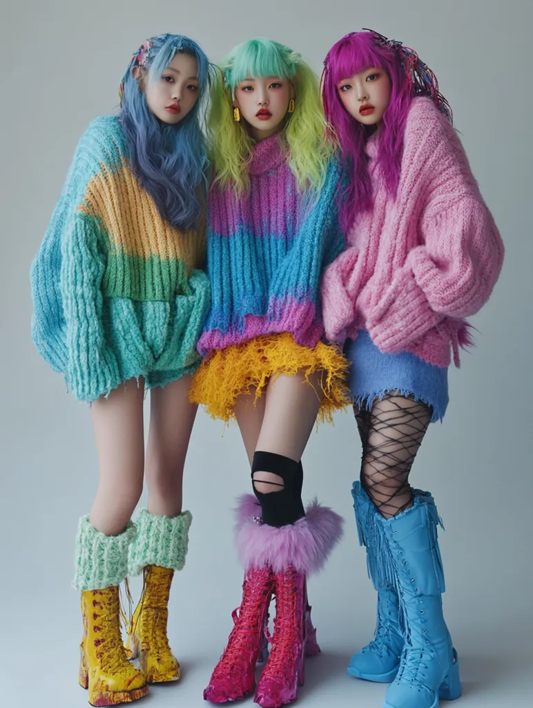 Three young women with brightly colored hair and colorful striped sweaters pose for the camera.  Their hair is styled in pigtails with colorful accessories. They are wearing colorful and stylish boots and various accessories. The background is a neutral gray.  The image is bold and playful.