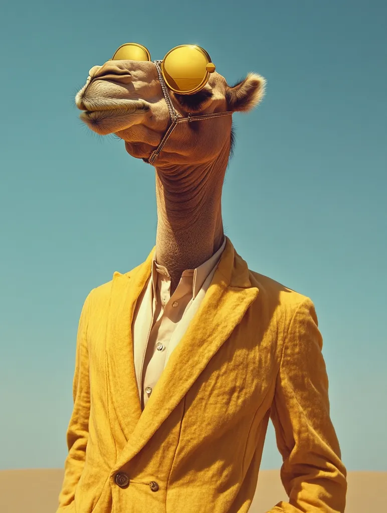 A camel wearing a yellow suit and large, round, yellow sunglasses stares into the distance. The camel's long neck and the bright yellow of the suit stand out against the blue sky and sand.  The camel's expression is serious and slightly aloof, making it seem almost human-like.