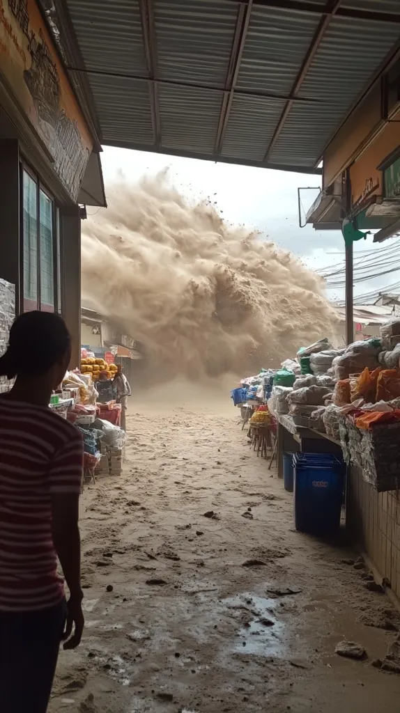 A large wave of muddy water crashes over a street market, with a person standing under the awning of a building, looking out at the devastation. The water has inundated the street, with debris and flooded stalls scattered throughout. The scene captures the chaotic aftermath of a sudden flood.