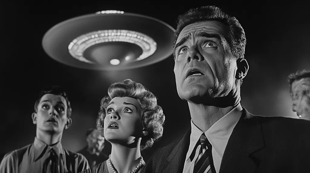A black and white photograph of a group of people looking up in awe at a flying saucer hovering above them. The people are positioned in a way that creates a sense of urgency and anticipation, as if they are about to be taken away. The image evokes a sense of mystery and fear.