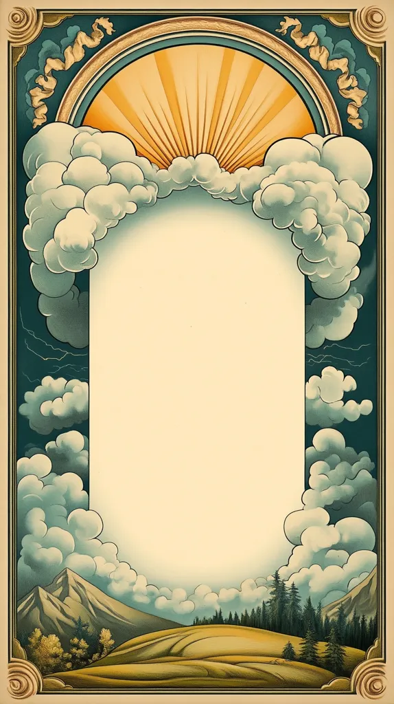 The image is a vintage-style illustration of a landscape scene. It features a large, blank space surrounded by clouds and a sun radiating yellow rays. The bottom of the image depicts a rolling hillside with a mountain range in the background and a row of dark green trees. The image is framed by a gold, ornate border.  The colors are warm and inviting, giving the illustration a timeless and nostalgic feel.