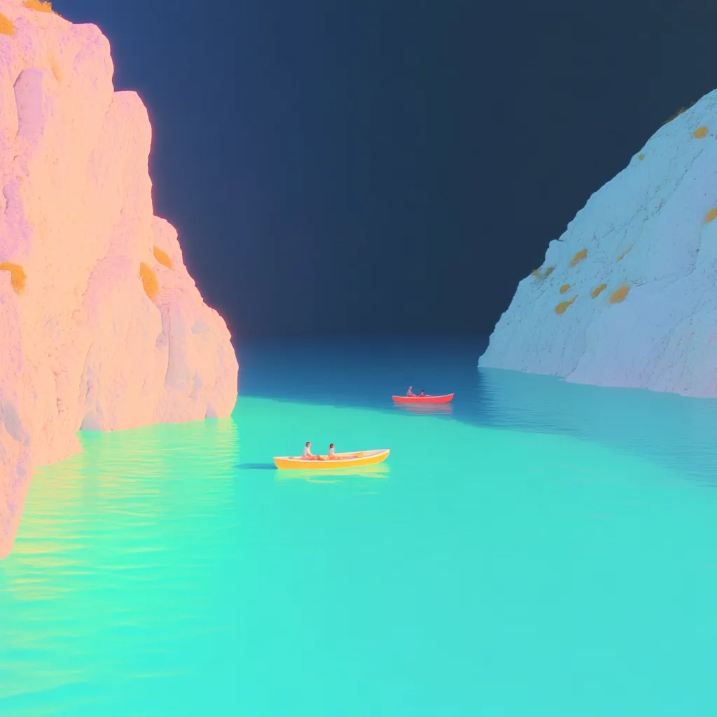 Two small boats are on a calm, turquoise lake.  One boat is yellow and is being rowed by two people.  The other boat is red and is being rowed by a single person.  The lake is surrounded by tall white and pink cliffs.  The sky above the lake is a deep black.  The scene is serene and tranquil.