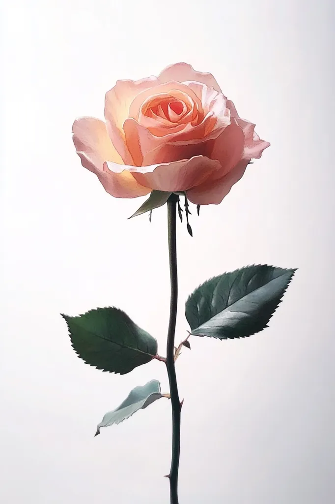 A single, pale pink rose with a delicate, open blossom stands tall against a white background. The rose's soft petals are a beautiful contrast to the deep green leaves that frame it. The stem is long and slender, reaching towards the light. The overall image is one of simple beauty and elegance.