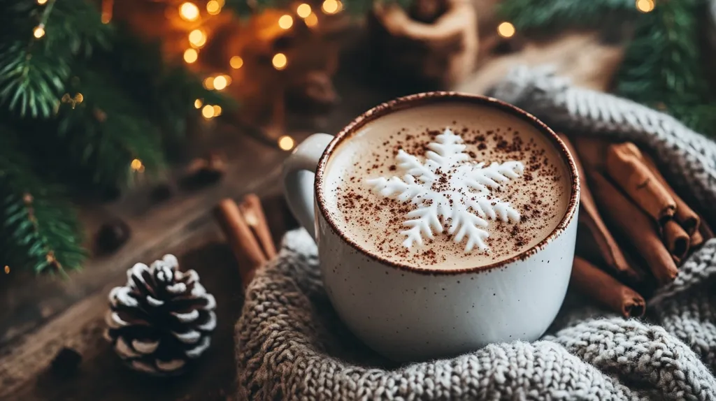 A warm cup of coffee, adorned with a snowflake design, sits on a cozy knitted blanket. Cinnamon sticks and a pine cone add to the festive ambiance. Soft lights from an out-of-focus Christmas tree create a warm and inviting scene.  The image evokes feelings of comfort and winter holidays.