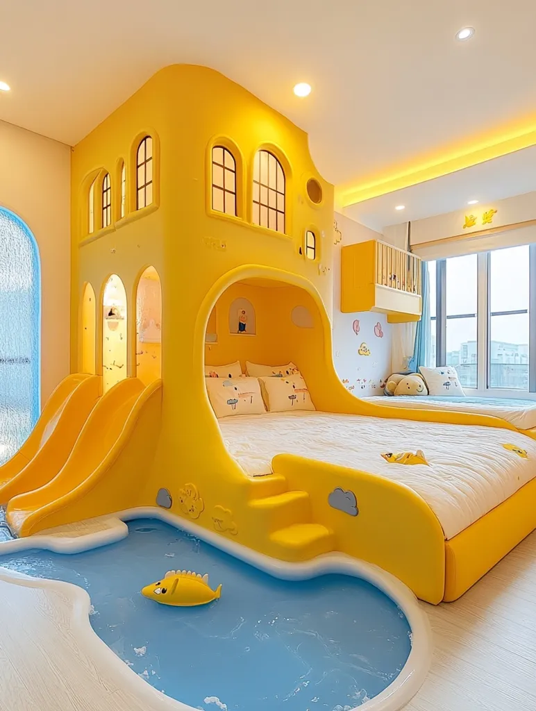 A bright yellow play structure with a slide, a bed, and a small pool is the centerpiece of a child's bedroom. The play structure resembles a house with windows and arches, making it a fun and imaginative space for play. The room is decorated in a light and airy style with a white floor and walls, creating a cheerful and inviting atmosphere for a child.
