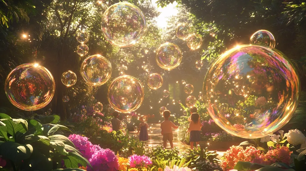 A magical scene with children playing in a sun-drenched forest. Large, shimmering bubbles float amongst the trees, reflecting the golden light. Lush greenery and vibrant flowers bloom around them, creating a whimsical and enchanting atmosphere. The scene is full of joy and wonder, evoking a sense of childhood innocence.