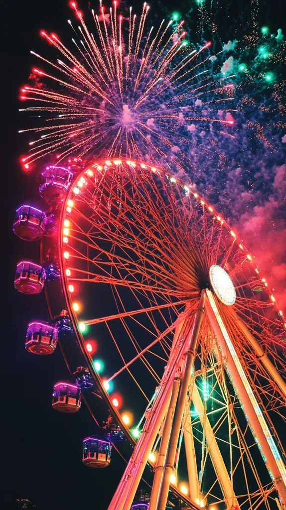 A brightly lit ferris wheel stands tall against a backdrop of vibrant fireworks exploding in the night sky. The fireworks are a mix of red, pink, and green, casting a colorful glow on the surrounding area. The ferris wheel's gondolas are illuminated with colorful lights, creating a festive atmosphere. The image captures the excitement and beauty of a celebratory event.